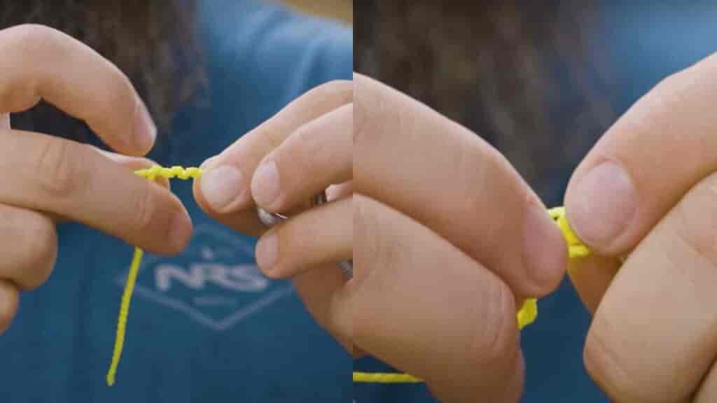 5. Wrap the tag end around the line 5 times.  6. Pass the tag end back through the overhand knot.