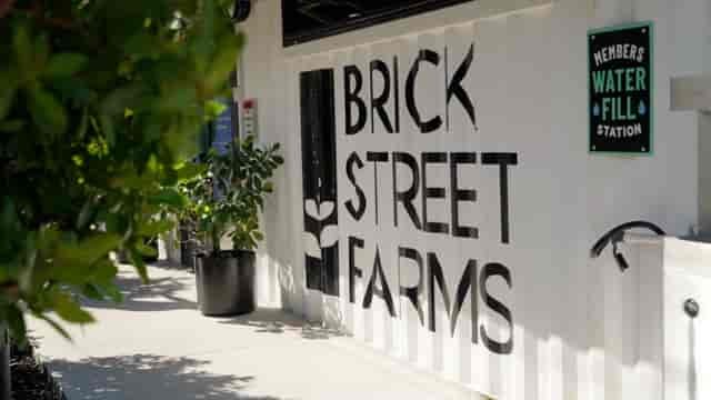 Exterior of shipping container painted with Brick Street Farms logo.